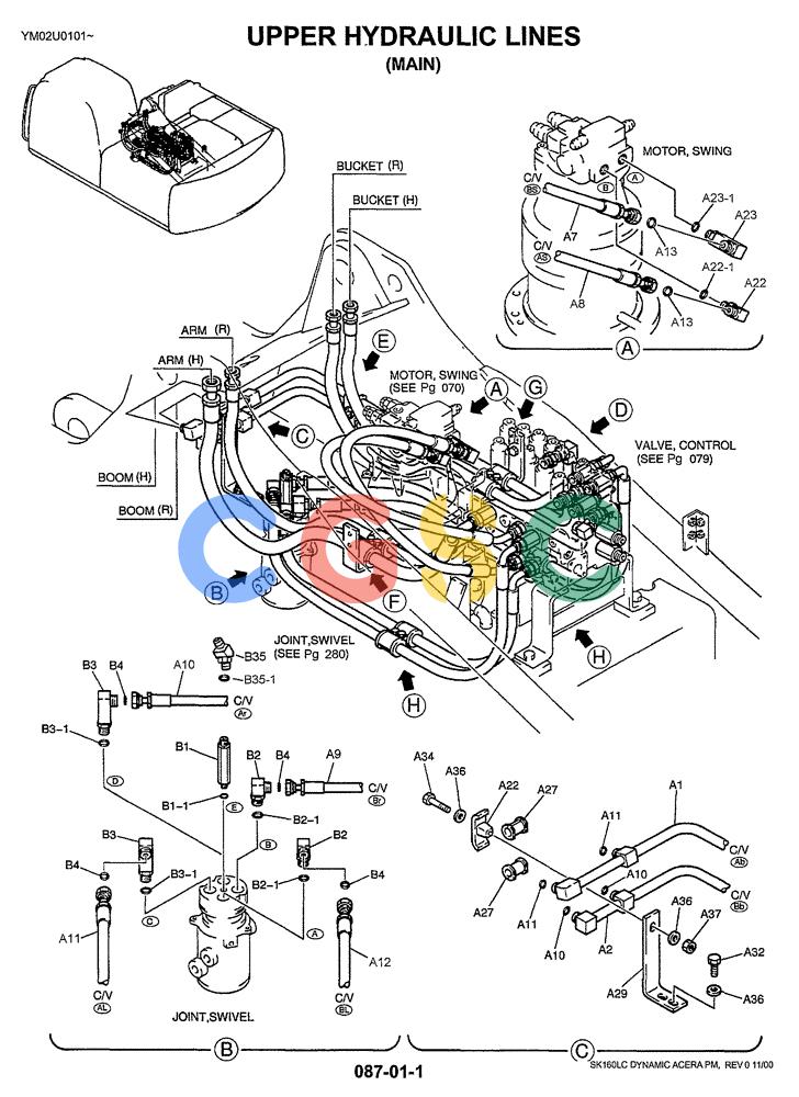 神钢零件查询(SK160LC) - DYNAMIC ACERA EXCAVATOR 11/2000 ASN YM02U0101 (11/00-12/02) (01-019[01]) - UPPER HYDRAULIC LINES (MAIN), YM03H00001F1 & YM19H00001F1, PAGE 1 OF 2 Kobelco