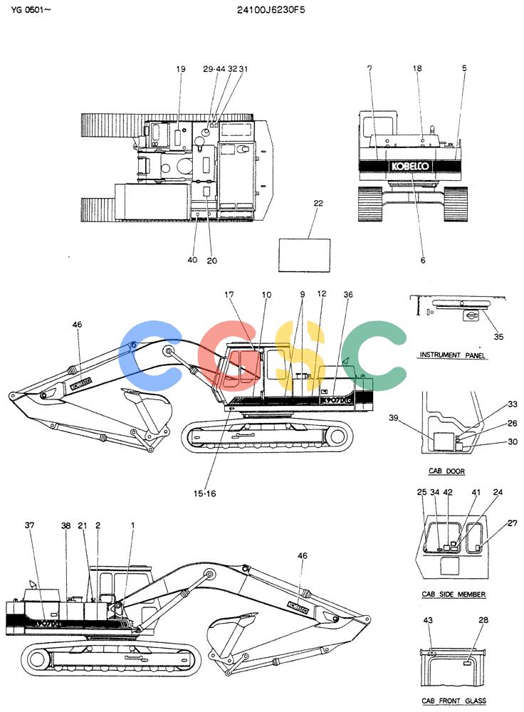 神钢零件查询(K907DLC) - EXCAVATOR ASN YG0501 (1/86-12/03) (10-005) - LABEL, NAME-PLATE P/N 24100J6230F5 Kobelco