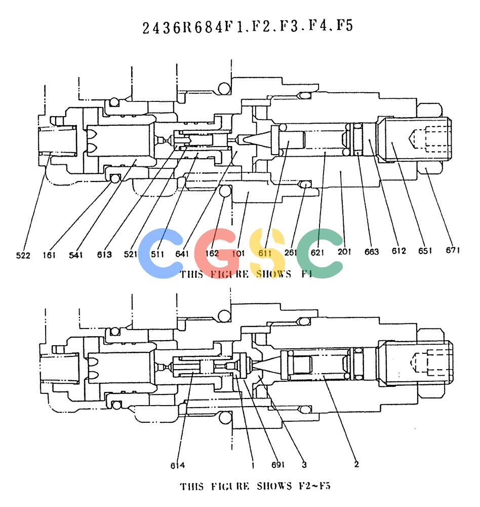 神钢零件查询(K905LC) - MARK II EXCAVATOR BTW YP1001 - YP1281. (4/89-12/03) (11-004) - VALVE ASSY, (2436R727F1, F3-F5) Kobelco