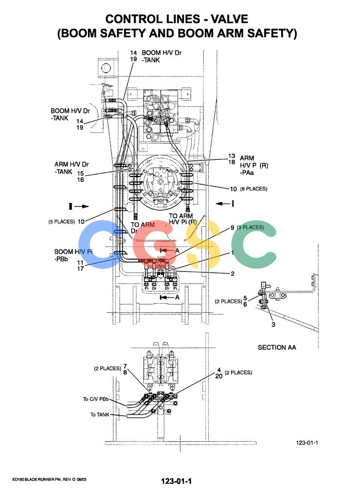 神钢零件查询(ED190LC-6E) - BLADE RUNNER EXCAVATOR/DOZER BTW YL03U0136 - YL03U0292 (1/05-12/06) (01-035[01]) - CONTROL LINES - VALVE (BOOM SAFETY AND BOOM ARM SAFETY) Kobelco
