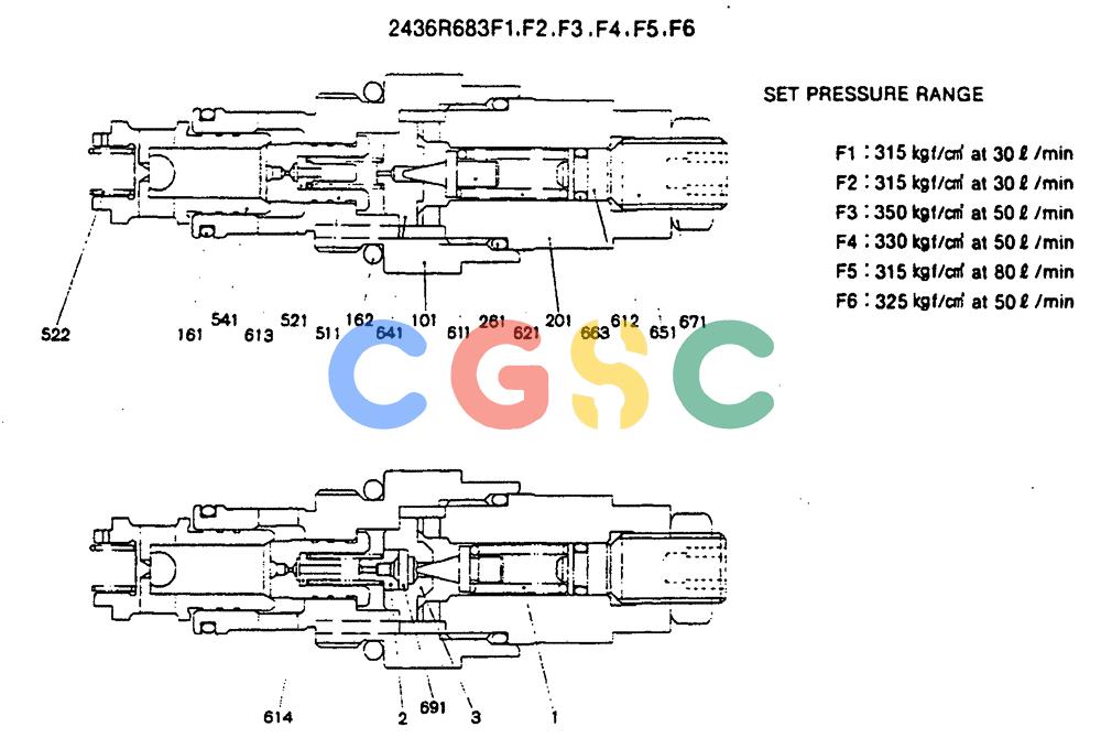 神钢零件查询(MD140C) - EXCAVATOR BTW YPU0301 - YPU0500 (1/80-12/06) (12-003) - VALVE ASSY, RELIEF P/N 2436R683F1~F6 Kobelco