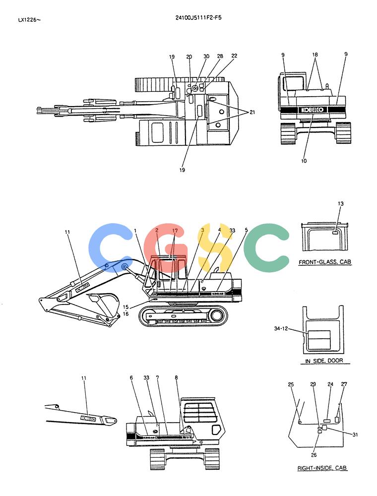 神钢零件查询(K904DL) - EXCAVATOR ASN LX1201 (1/84-12/03) (17-011) - LABEL, NAME PLATE (FOR LONG CRAWLER) P/N 24100J5I11F5 Kobelco