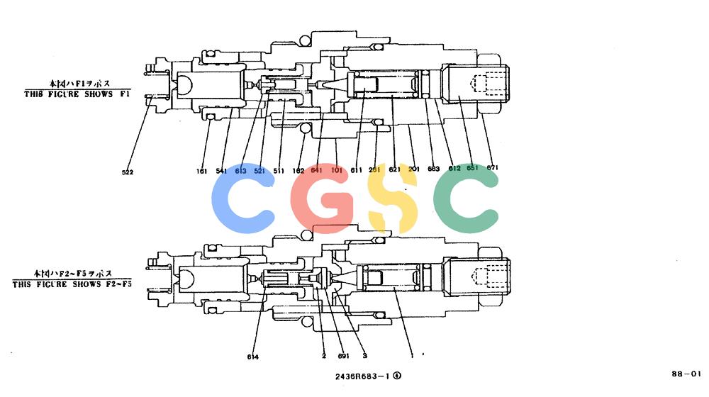 神钢零件查询(MD200BLC) - EXCAVATOR BTW YQ0101 - YQ0564 (1/80-12/06) (11-002) - VALVE ASSY, RELIEF- 2436R6831 F1,F2,F3,F4,F5 Kobelco