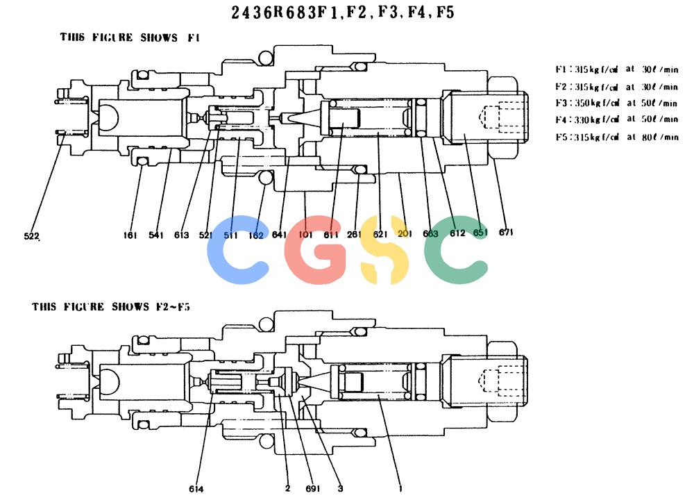 神钢零件查询(K904) - MARK II EXCAVATOR ASN YW1119 (1/88-12/03) (11-004) - VALVE ASSY, RELIEF, P/N 2436R683F1 Kobelco