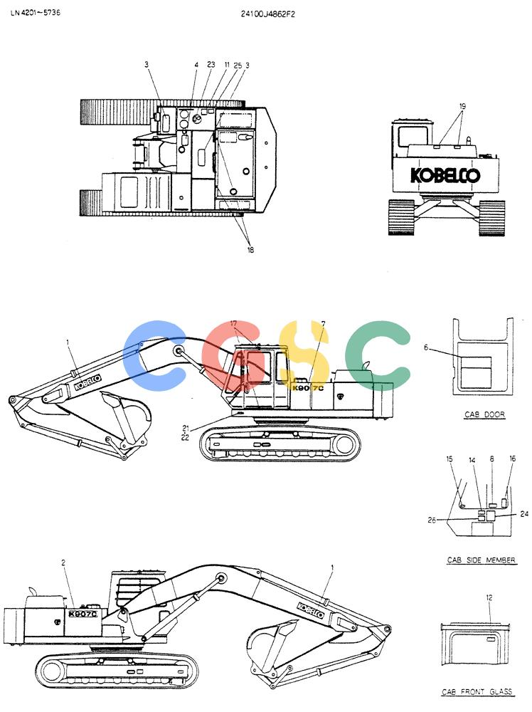 神钢零件查询(K907CLC) - EXCAVATOR BTW YG0101 - YG0500 (1/85-12/03) (15-008) - LABEL,NAME-PLATE P/N 24100J4862F2 Kobelco