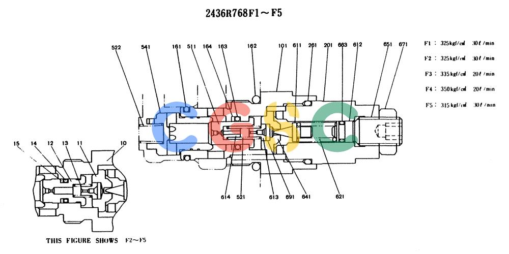 神钢零件查询(K904) - MARK II EXCAVATOR ASN YW1119 (1/88-12/03) (11-008) - VALVE ASSY, PORT RELIEF, P/N 2436R768F1 Kobelco