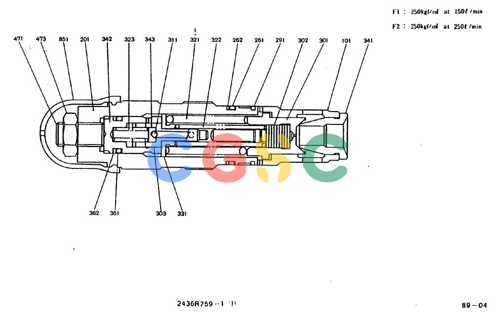 神钢零件查询(MD240BLC) - EXCAVATOR BTW LLU0001 - LLU0300 (1/80-12/06) (11-008) - VALVE ASSY, RELIEF 2436R759F1, F2 Kobelco