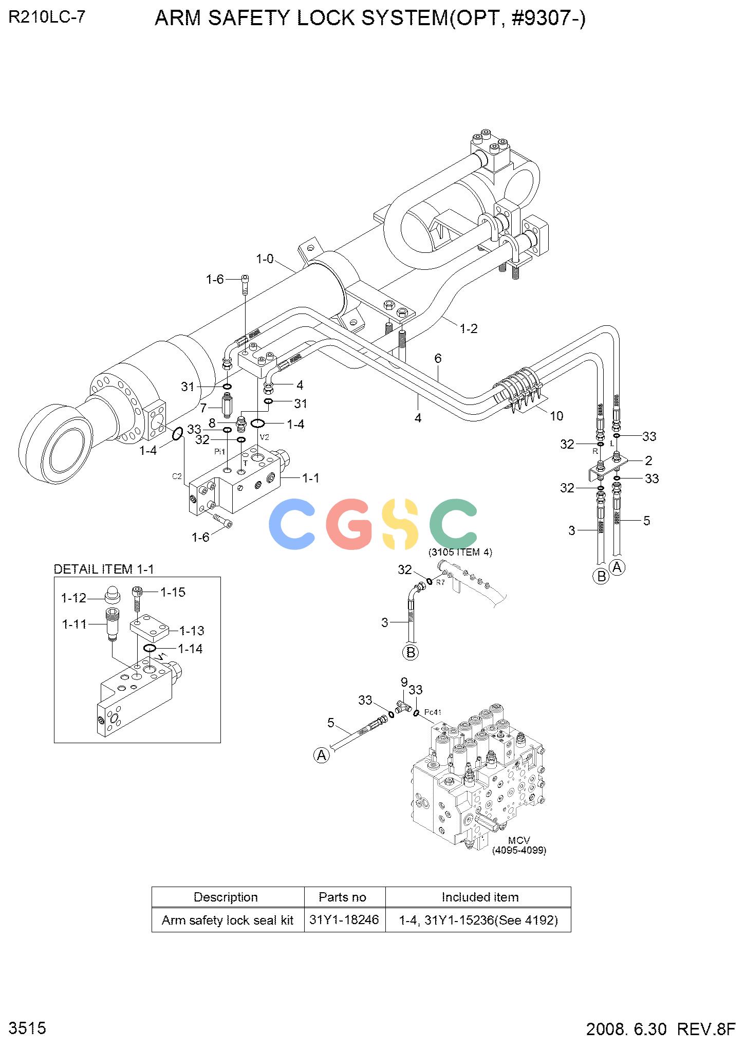 现代零件查询R210LC-7 ARM SAFETY LOCK SYSTEM(OPT, #9307-)EPC Hyundai 