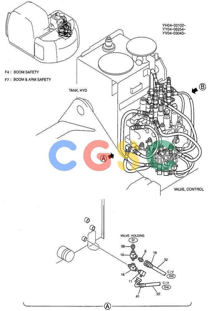 纽荷兰零件查询(E115SR) - CRAWLER EXCAVATOR ASN YV04-03043 (05-004[01]) - CONTROL LINES, REMOTE (BOOM & ARM SAFETY) P/N YY06H00015F4, F7 New Holland Constructuion