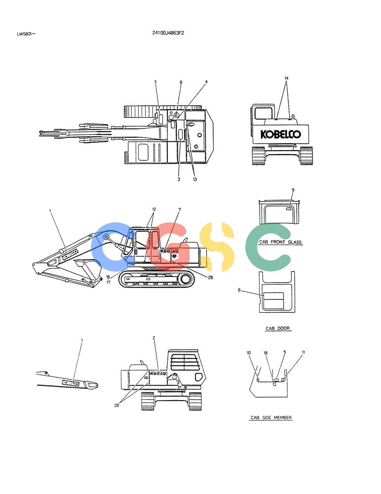 神钢零件查询(K904DL) - EXCAVATOR ASN LX1201 (1/84-12/03) (17-003) - LABEL, NAME PLATE P/N 24100J436JF2 Kobelco