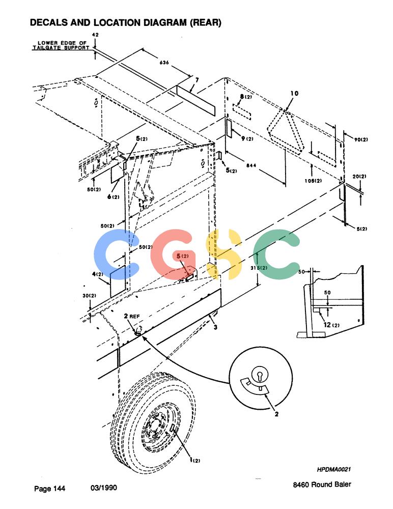 凯斯零件查询(8460) - CASE IH ROUND BALER (BEFORE S/N CFH0057418) (1/88-12/93) (144) - DECALS AND LOCATION DIAGRAM, REAR Case Agriculture