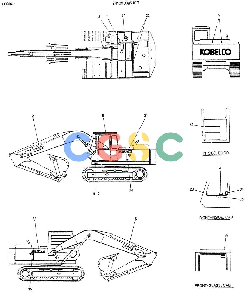神钢零件查询(K905LC) - EXCAVATOR BTW YP0115 - YP0301 (1/85-12/03) (10-013) - LABLE,NAME- PLATE P/N 24100J3871F7 Kobelco