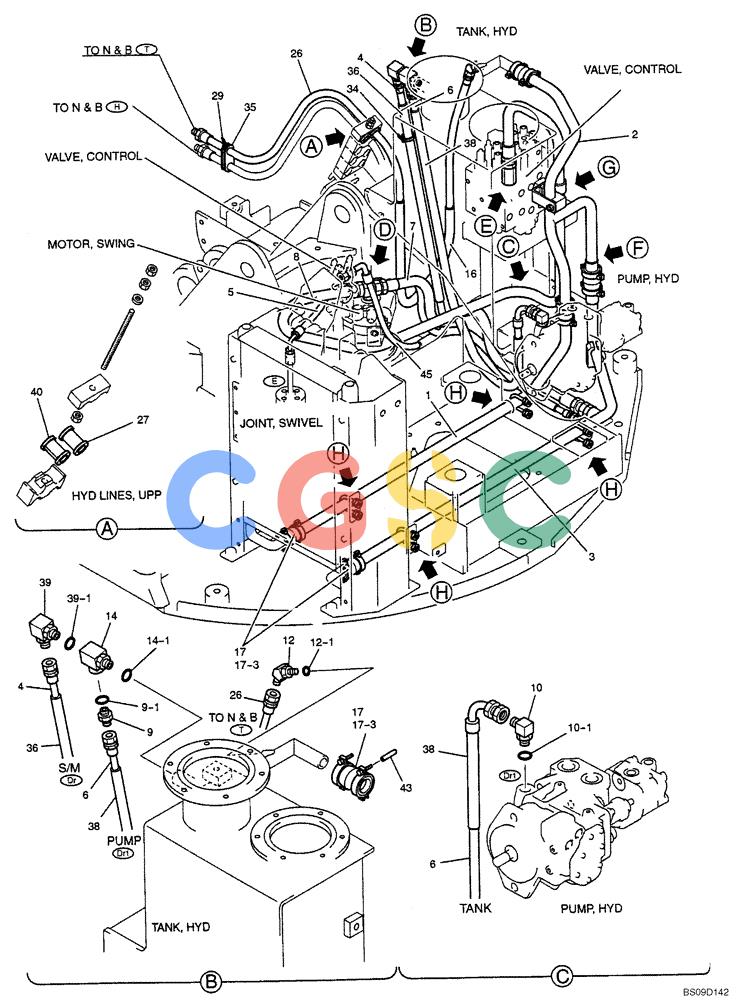 神钢零件查询(NIBBLER) - & BREAKER - SK70SR-1E SHORT RADIUS EXCAVATOR ASN YT02-04001 (4/03-12/04) (06-023[01]) - RETURN HYDRAULIC LINES (ROTARY, NIBBLER & BREAKER, DOZER), (YT32H00009F8), PAGE 1 OF 2 Kobelco