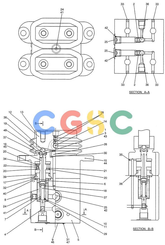 纽荷兰零件查询(E200SRLC) - CRAWLER EXCAVATOR BTW LA04-01506 - LA04-01625 (07-047) - VALVE ASSY, PILOT (PROPELLING) New Holland Constructuion
