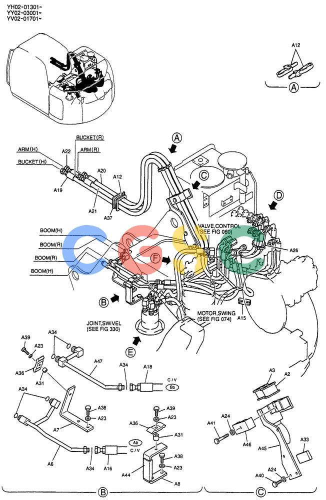 神钢零件查询(ED150) - BLADE RUNNER EXCAVATOR/DOZER BTW YL04-00501 - YL04-00554 (4/03-10/03) (01-018[01]) - HYD LINES, UPPER (MAIN) P/N YY03H00023F1 Kobelco