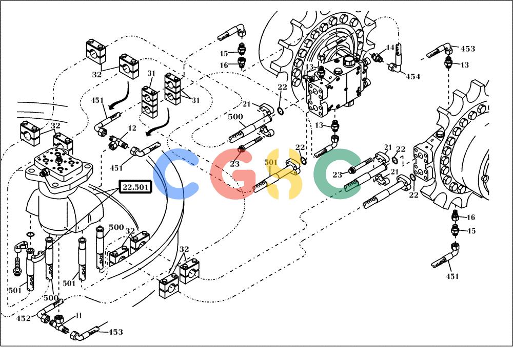 纽荷兰零件查询(EC450) - CRAWLER EXCAVATOR (SN: 750001-UP) (11/99-) (20.020[002]) - HYDRAULIC SYSTEM LOWER CARRIAGE (S/N 750002-750019/750021-UP) New Holland Constructuion