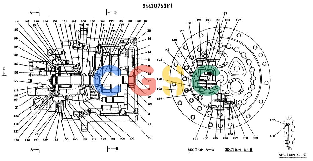神钢零件查询(K904L) - MARK II EXCAVATOR ASN LX1526 (1/88-12/03) (11-059) - MOTOR ASSY (PROPELLING), P/N 2441U753F1 Kobelco