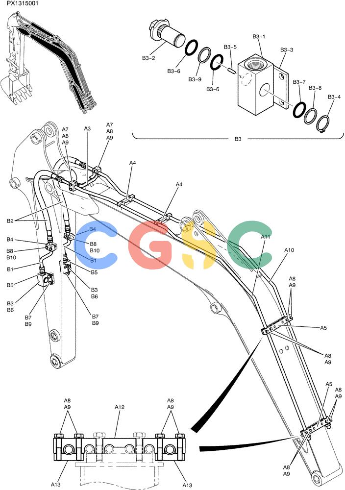 纽荷兰零件查询(E35SR) - COMPACT CRAWLER EXCAVATOR ASN PX13-15001 (N6TN61732) (NA) (1/06-) (03-003) - HYD LINES, BOOM, 2.5M (8FT 2IN) (NIBBLER & BREAKER) New Holland Constructuion
