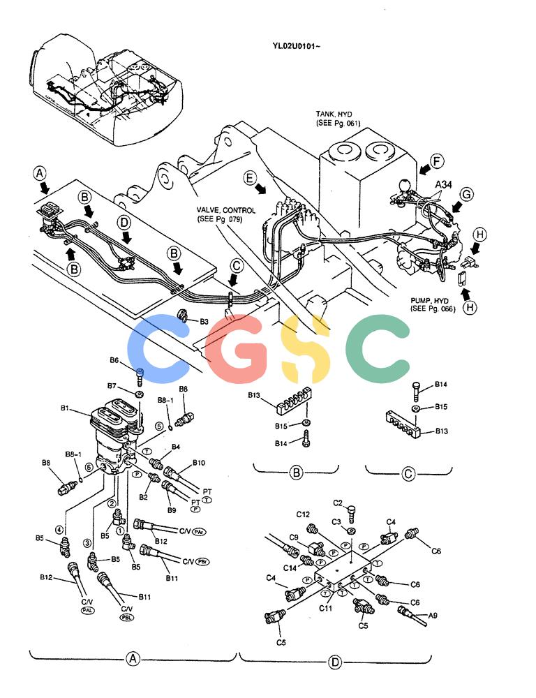 神钢零件查询(ED190LC) - BLADE RUNNER EXCAVATOR/DOZER BTW YL02U0101 - YL03U0135 (1/02-12/06) (01-038[01]) - REMOTE CONTROL LINES (TRAVEL) Kobelco