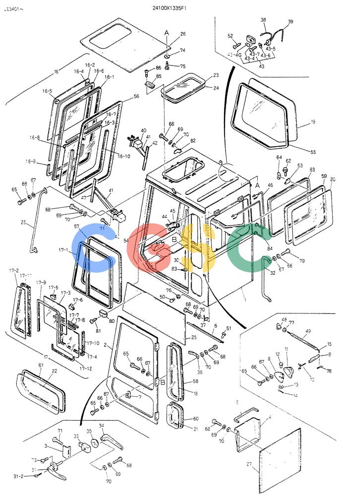 神钢零件查询(K903B) - EXCAVATOR ASN LE3401 (1/85-12/03) (02-010) - CAB ASSY, (FOR EXPORT) P/N 24100X1335F1 Kobelco