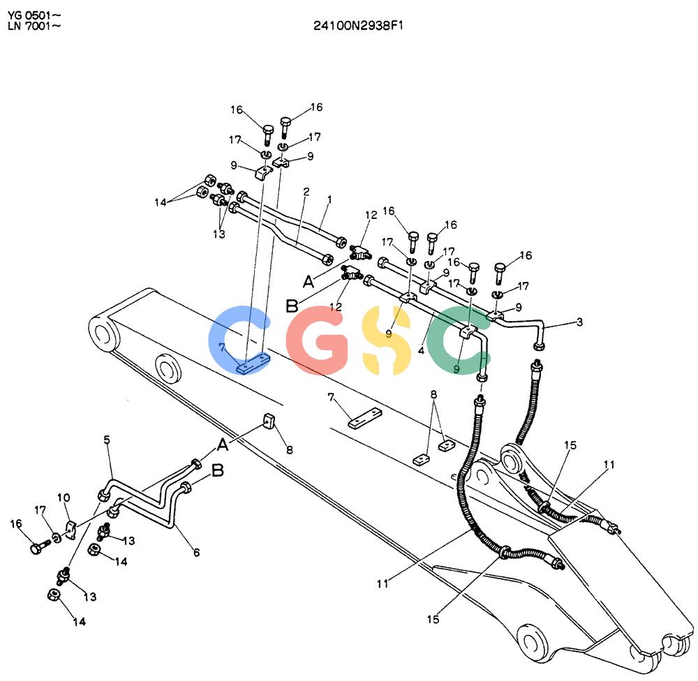 神钢零件查询(K907DLC) - EXCAVATOR ASN YG0501 (1/86-12/03) (09-010) - HYDR LINES, EXTRA ARM, 2.9M ( 9FT - 6 IN) Kobelco