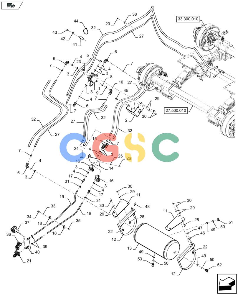 凯斯零件查询(LB434S) - BALER (9/12-) (33.300.020) - PNEUMATIC BRAKE RESERVOIR AND BRAKE VALVE - TANDEM AXLE Case Agriculture