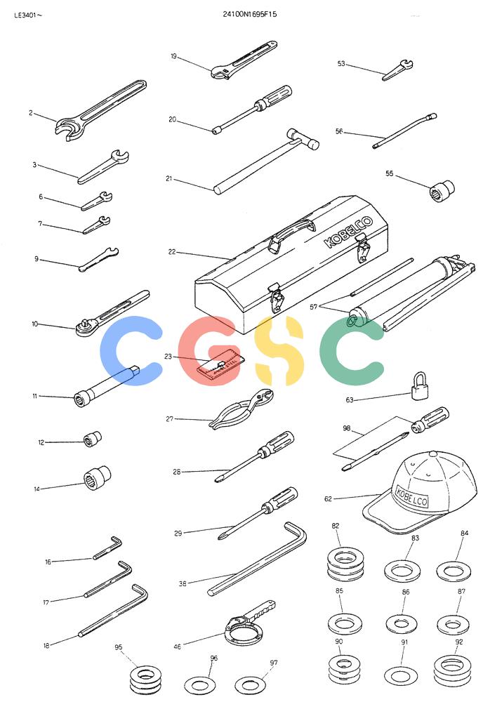 神钢零件查询(K903B) - EXCAVATOR ASN LE3401 (1/85-12/03) (12-015) - TOOL ASSY P/N 24100N1695F15 Kobelco