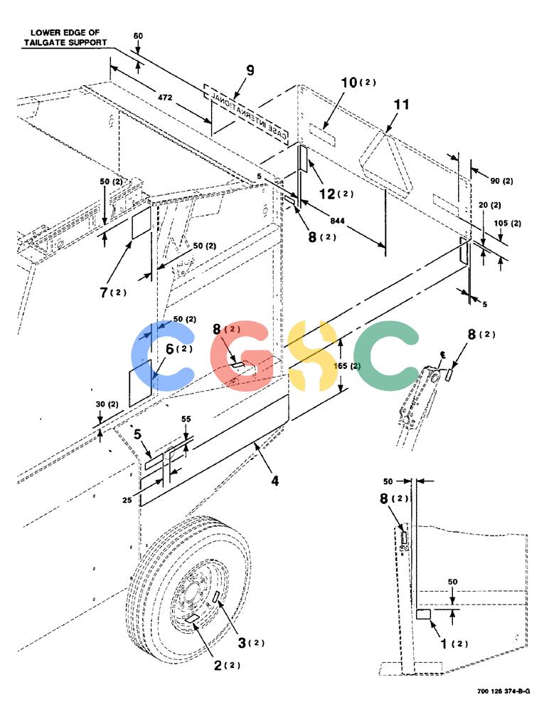 凯斯零件查询(8465T) - CASE IH ROUND BALER W/TRACTOR HYDRAULICS (1/91-12/97) (9-04) - DECALS AND LOCATION DIAGRAM, REAR, SERIAL NUMBER CFH0074001 THROUGH CFH0074875 Case Agriculture