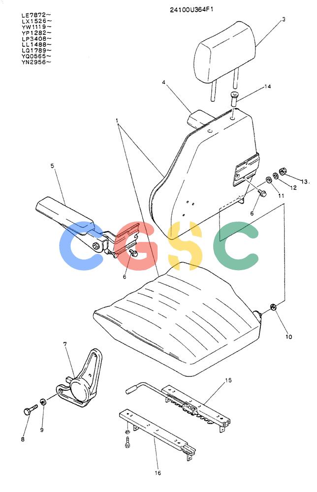 神钢零件查询(K907LC) - MARK II EXCAVATOR ASN YQ0565 (GLOBAL) (1/87-12/03) (02-011) - SEAT ASSY (24100U364F1) Kobelco