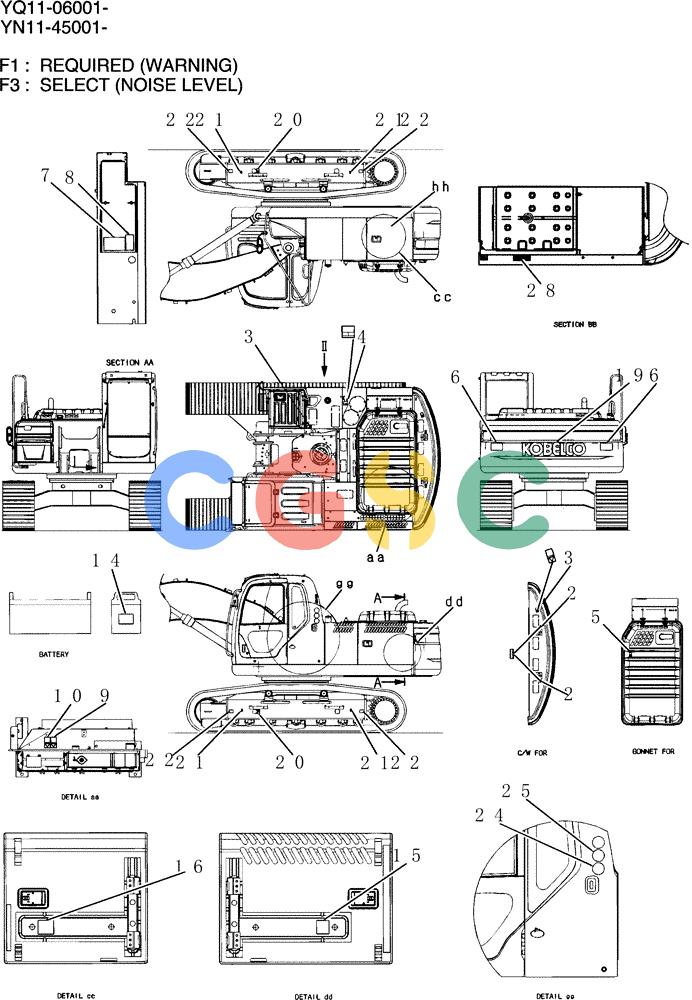 神钢零件查询(200-8) - EXCAVATOR S/N YN11-45001 - (1/06-12/09) (950-01-1) - NAME PLATE INSTAL REQUIRED (WARNING) Kobelco