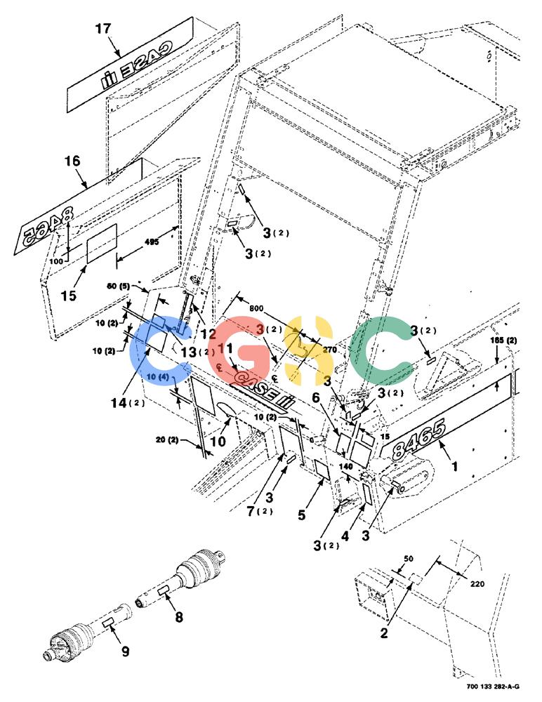 凯斯零件查询(8465T) - CASE IH ROUND BALER W/TRACTOR HYDRAULICS (1/91-12/97) (9-06) - DECALS AND LOCATION DIAGRAM, FRONT, SERIAL NUMBER CFH0074876 AND LATER Case Agriculture