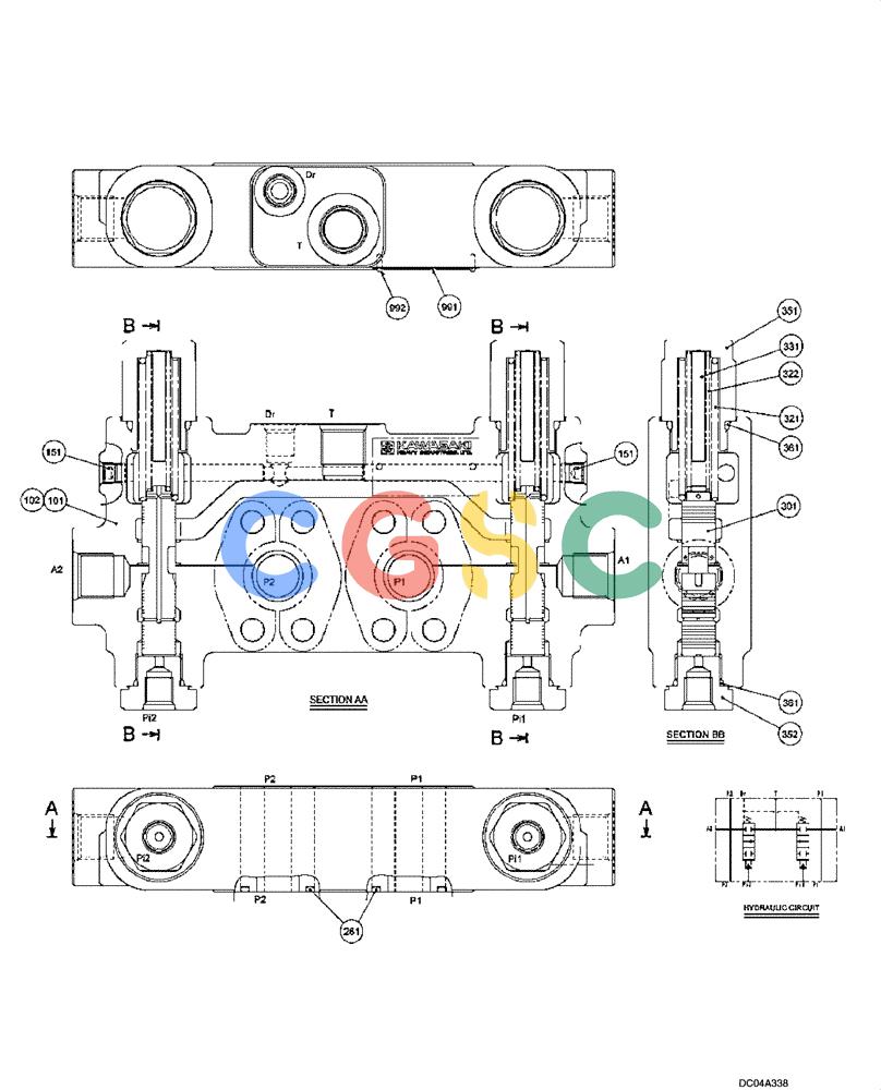 纽荷兰零件查询(E215) - CRAWLER EXCAVATOR (NA) - ASN N6DA21215 (1/06-) (08 -77[00]) - VALVE ASSY - PILOT , PUMP P1 AND P2 (YN30V00082F2) New Holland Constructuion