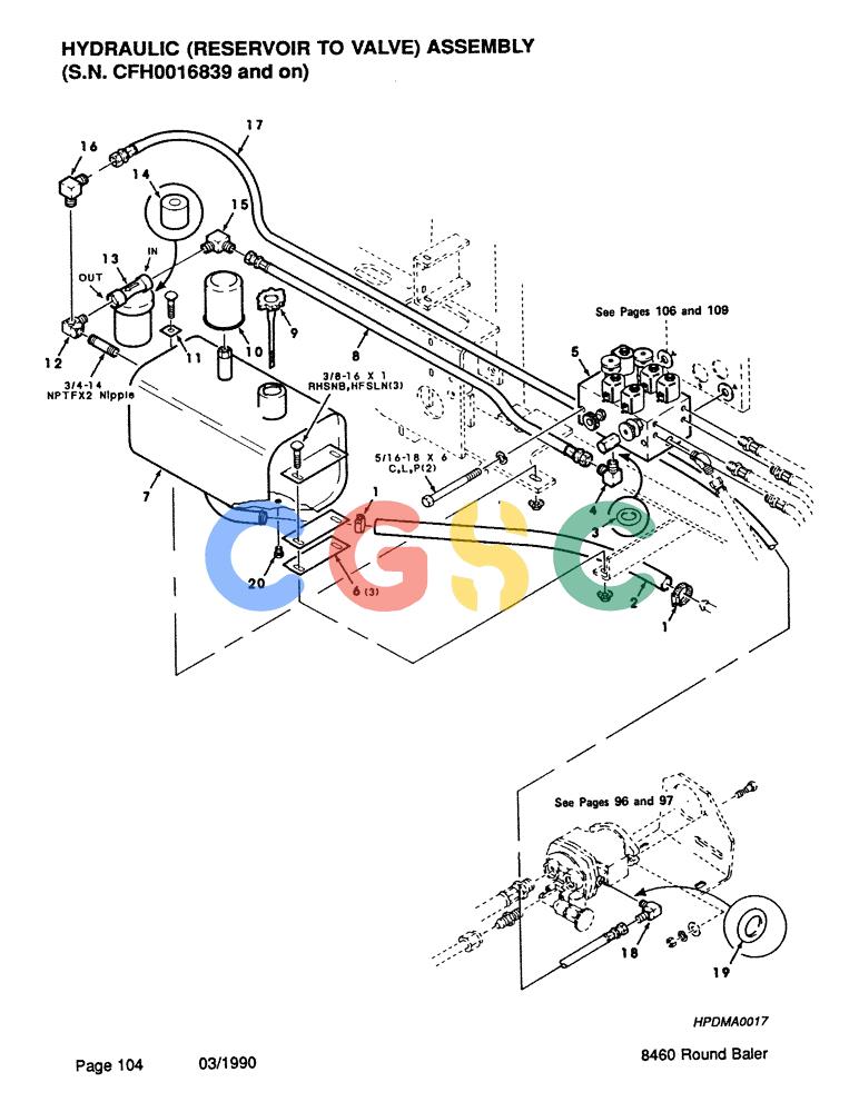 凯斯零件查询(8460) - CASE IH ROUND BALER (BEFORE S/N CFH0057418) (1/88-12/93) (104) - HYDRAULIC, RESERVOIR TO VALVE, ASSEMBLY, SERIAL NUMBER CFH0016839 AND ON Case Agriculture