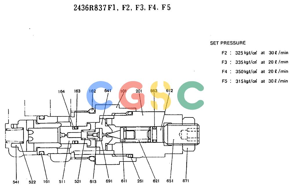 神钢零件查询(MD320BLC) - EXCAVATOR BTW YC0301 - YC0747 (1/80-12/06) (11-010) - VALVE ASSY, PORT RELIEF 2436R837 F1, F2, F3, F4, F5 Kobelco