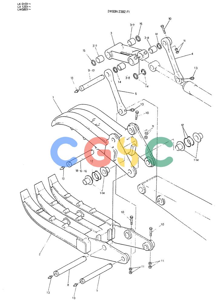 神钢零件查询(K904DL) - EXCAVATOR ASN LX1201 (1/84-12/03) (09-019) - GRAPPLE ASSY, FORK (SINGLE) Kobelco