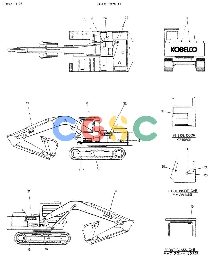 神钢零件查询(K905LC) - EXCAVATOR BTW YP0115 - YP0301 (1/85-12/03) (10-018) - LABLE,NAME- PLATE P/N 24100J387F11 Kobelco