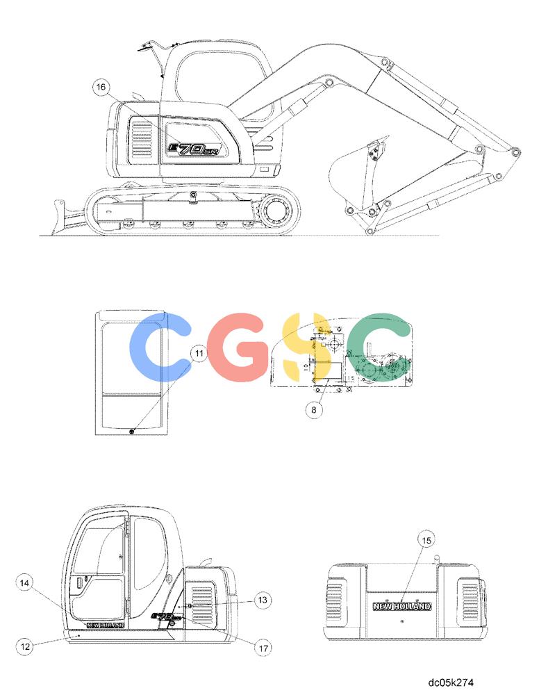 纽荷兰零件查询(E70) - MIDI CRAWLER EXCAVATOR (NA) (1/06-) (216) - DECALS POSITION (YT22T00103F3) New Holland Constructuion