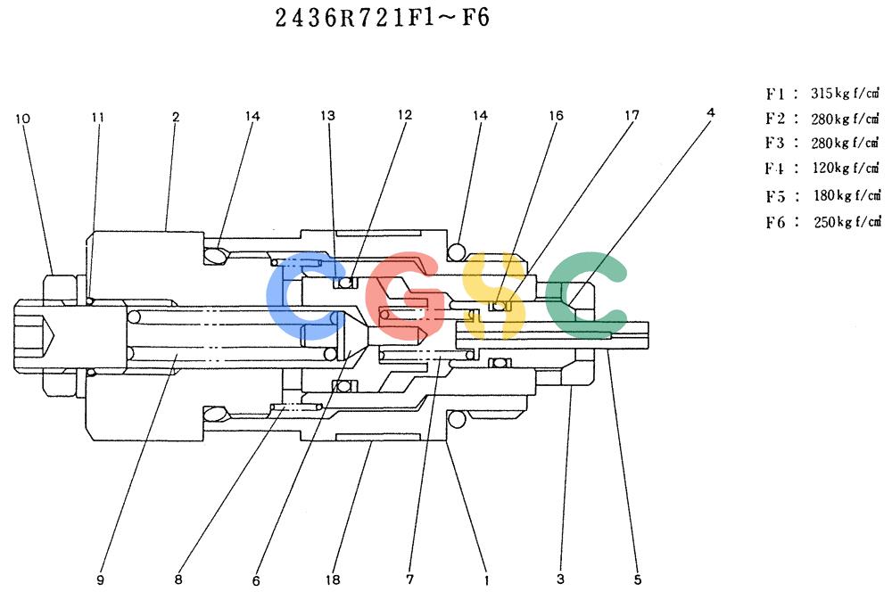神钢零件查询(K905LC) - MARK II EXCAVATOR BTW YP1001 - YP1281 (1/87-12/03) (11-006) - VALVE ASSY, RELIEF (P/N 2436R721F1-F6) Kobelco