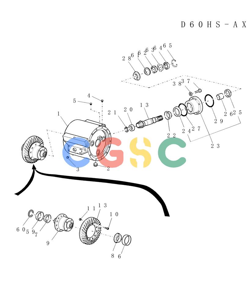 纽荷兰零件查询(D60HS) - DRIVE AXLE (3/00-) (002) - AXLE CENTER HOUSING, W/DIFFERENTIAL & RELATED PARTS New Holland Constructuion