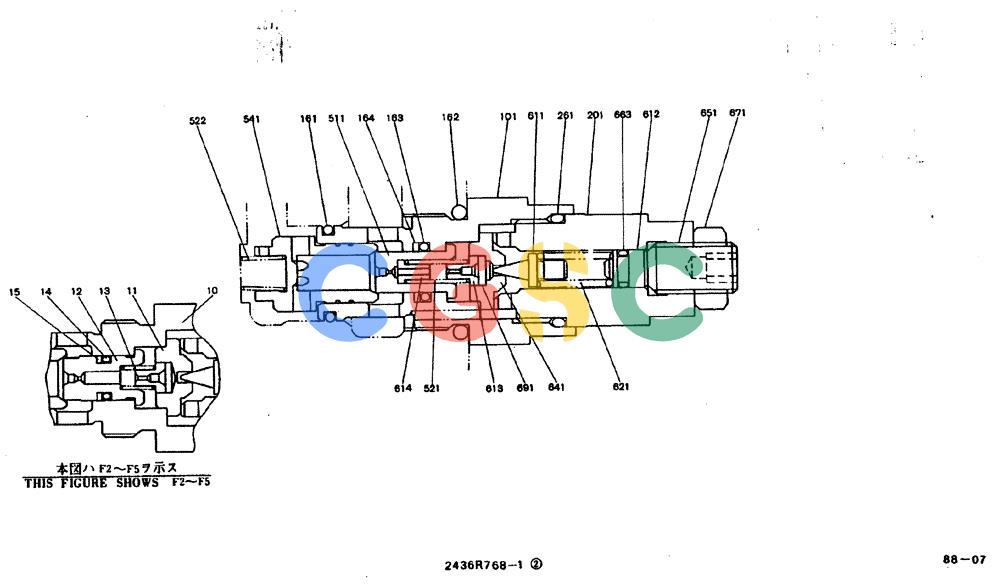 神钢零件查询(MD200BLC) - EXCAVATOR BTW YQ0101 - YQ0564 (1/80-12/06) (11-008) - VALVE ASSY, PORT RELIEF- 2436R768 F1, F2, F3, F4, F5 Kobelco