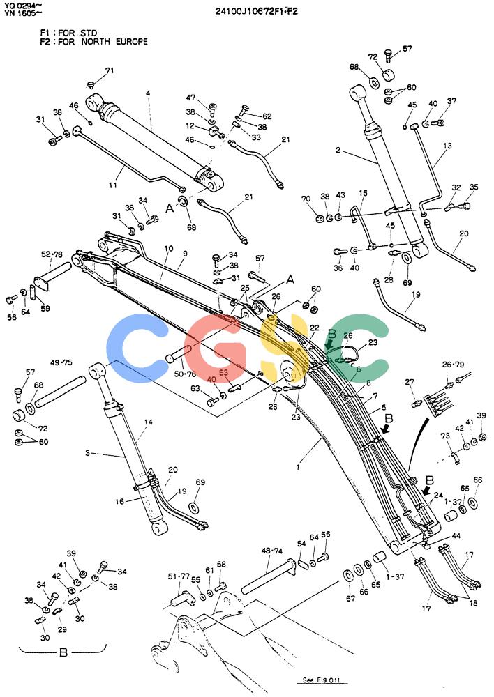 神钢零件查询(K907LC) - MARK II EXCAVATOR BTW YQ0101 - YQ0564 (1/87-12/03) (07-003) - BOOM ASSY, 5.6M (18FT-4IN) 24100J10672F1 Kobelco