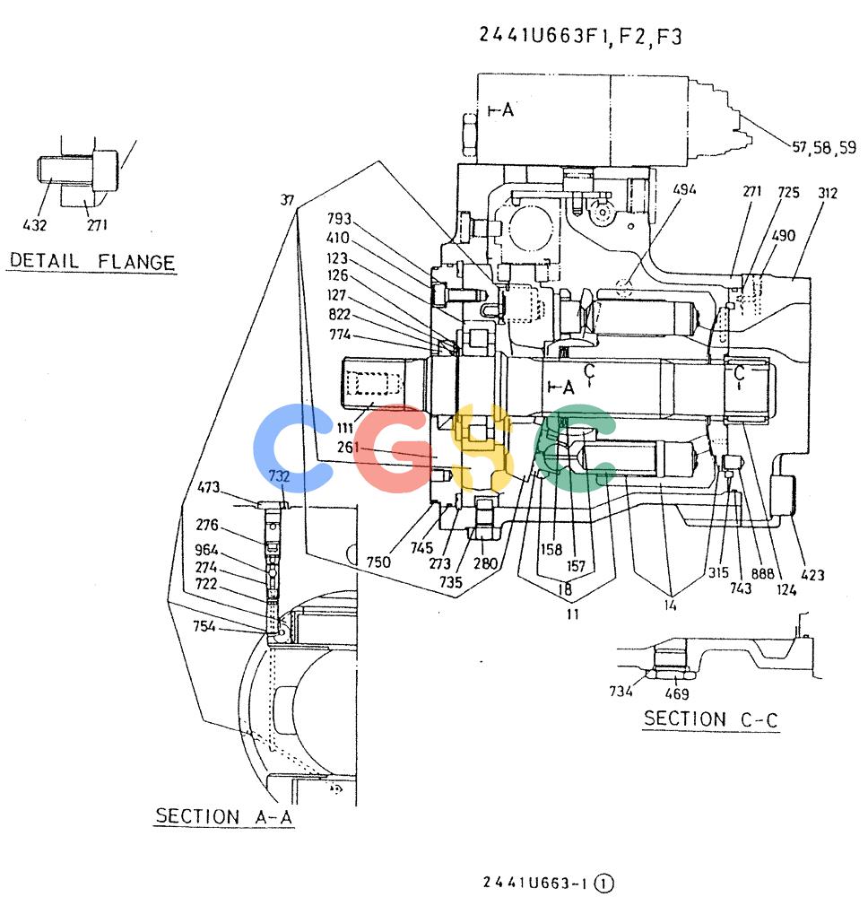 神钢零件查询(K909A) - EXCAVATOR ASN LQ0795 (1/83-12/03) (01-026[01]) - PUMP ASSY, HYDRAULIC, P/N 2441U663F1, F2, F3 Kobelco