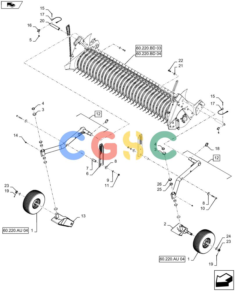 凯斯零件查询(RB565) - CASE IH ROUND BALER (3/14-12/15) (60.220.AU[03]) - VAR - 726823 - CASTER PICK-UP WHEEL ASSY Case Agriculture