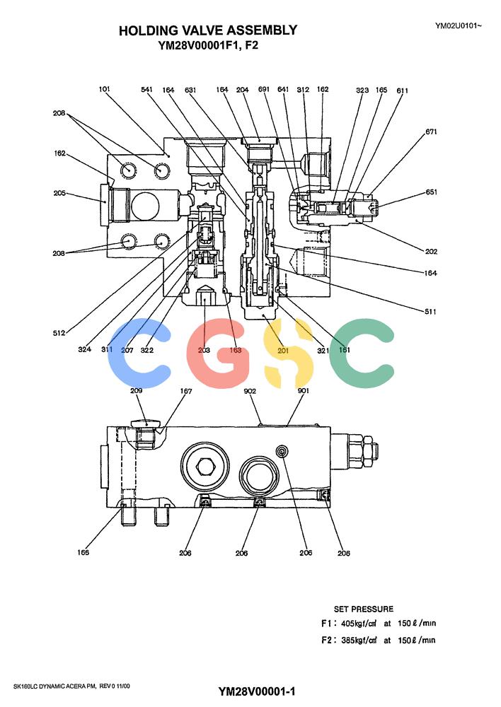 神钢零件查询(SK160LC) - DYNAMIC ACERA EXCAVATOR 11/2000 ASN YM02U0101 (11/00-12/02) (08-012) - HOLDING VALVE ASSY P/N YM28V00001F1 & YM28V00001F2 Kobelco