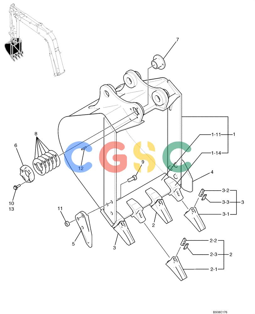纽荷兰零件查询(E70BSR) - COMPACT CRAWLER EXCAVATOR BTW YT05-15001 - 18000 (NA) (4/08-) (04-10-00[00]) - BUCKET ASSEMBLY, STANDARD - 0.28M³ (0.37CU YD) - 0.25M³ (0.33CU YD) (YT61B00046F1) New Holland Constructuion