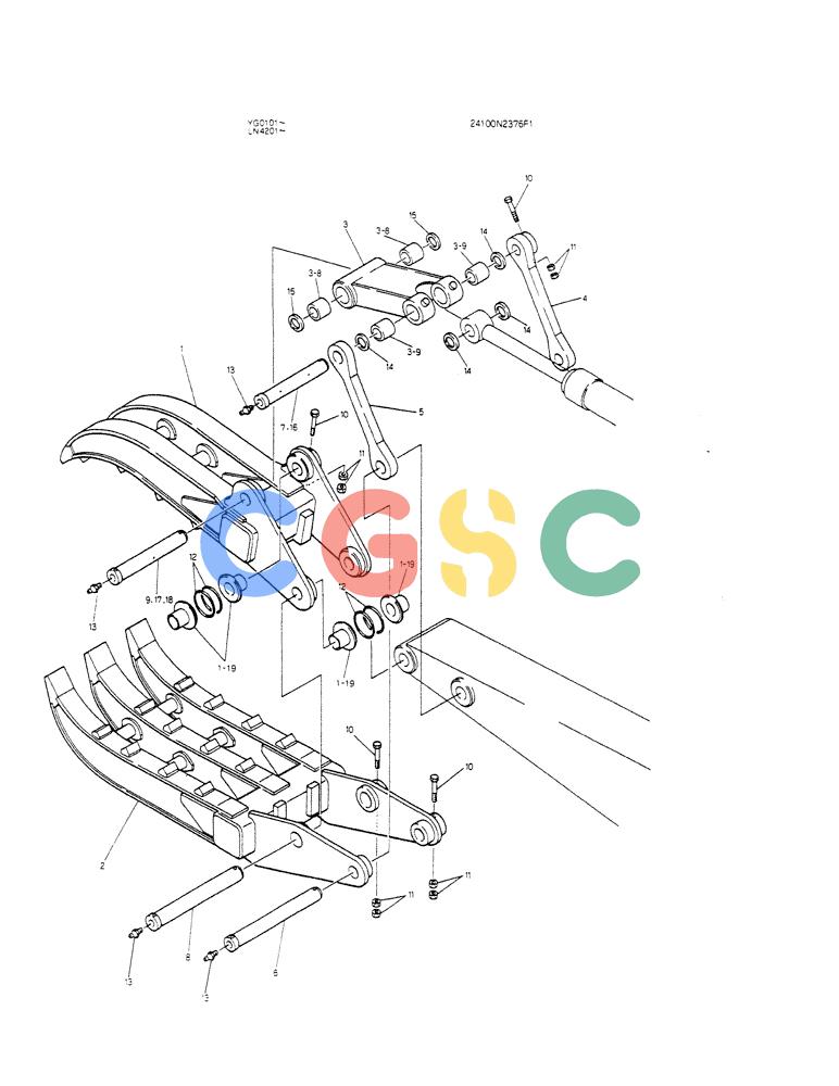 神钢零件查询(K907CLC) - EXCAVATOR BTW YG0101 - YG0500 (1/85-12/03) (09-019) - GRAPPL ASSY,FORK(SINGLE) Kobelco