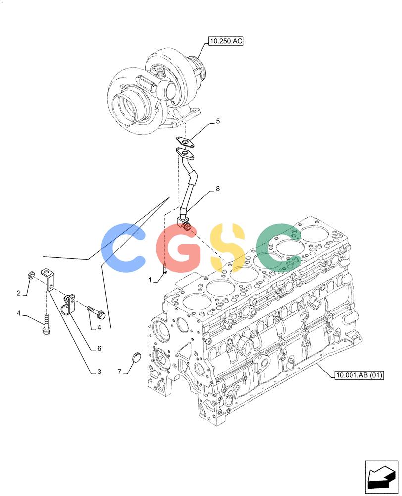 神钢零件查询(F4HFE613B B006) - ENGINE 5801731918 - 47519640 (2/14-) (10.250.AE) - TURBOCHARGER, OIL, RETURN LINE Kobelco