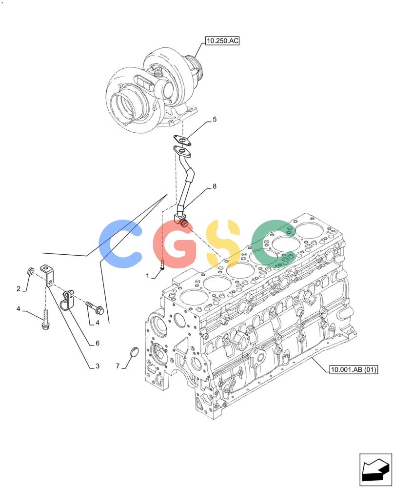 神钢零件查询(F4HFE613K B002) - ENGINE 5801731932 - 47519634 (2/14-) (10.250.AE) - TURBOCHARGER, OIL, RETURN LINE Kobelco