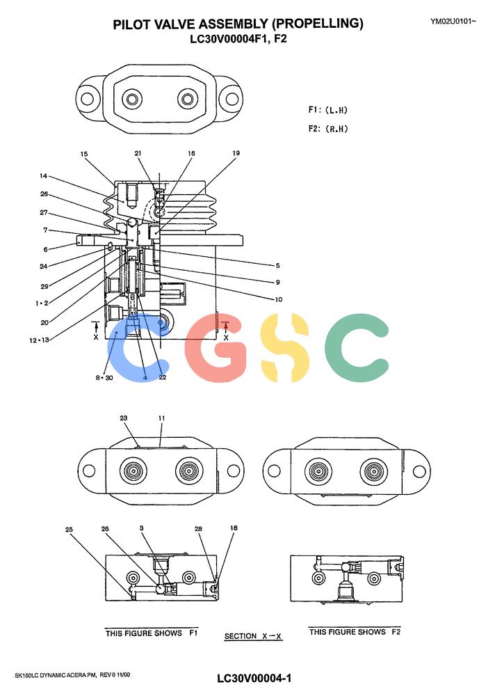 神钢零件查询(SK160LC) - DYNAMIC ACERA EXCAVATOR 11/2000 ASN YM02U0101 (11/00-12/02) (08-003) - PILOT VALVE ASSY (PROPELLING) P/N LC30V00004F1 & LC30V00004F2 Kobelco