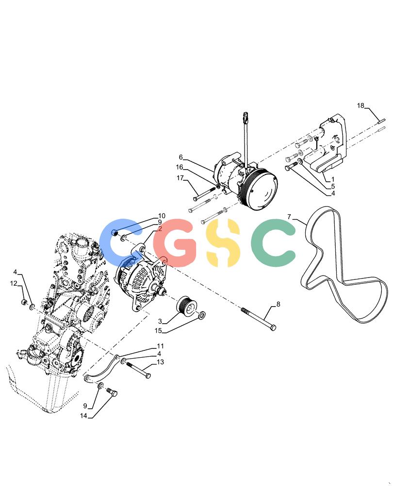 纽荷兰零件查询(D180C XLT) - CRAWLER DOZER - TIER 4A (12/13-) (55.301.AA[01]) - ALTERNATOR AND A/C PULLEY, BELT & BRACKET New Holland Constructuion